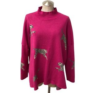 Entro Sweater Womens Large Magenta Pink Leopard Print Mock Neck T19499 Oversized